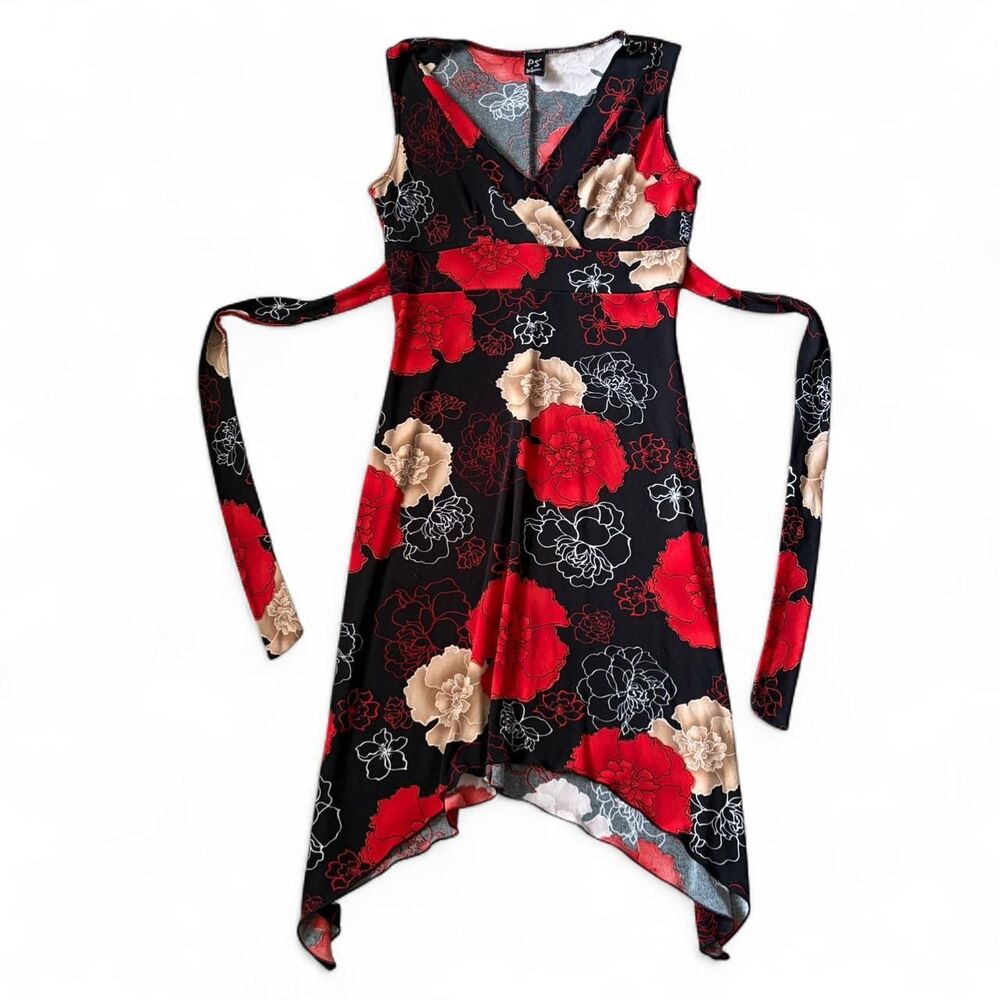 Vintage 90s Red & Black Floral Wrap Dress‎ - Size Small (Sharkbite Hem)
